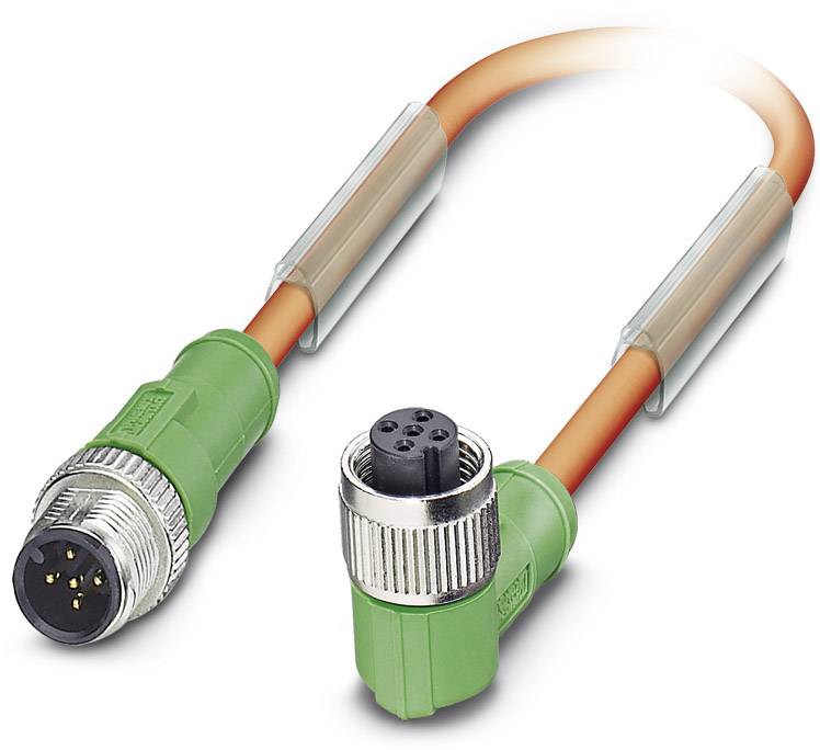 Orange cable with green connectors at both ends, one male with pins, the other female with sockets, for industrial applications.