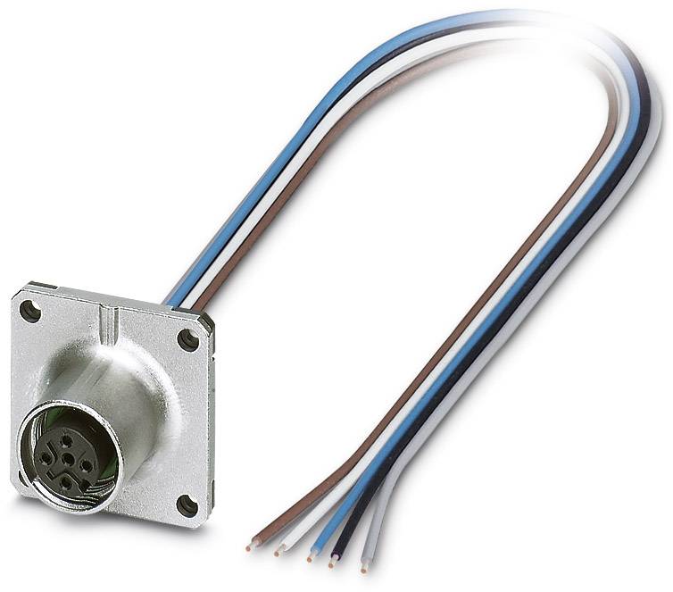 Socket with four wires in different colours: brown, blue, white, black. Silver metal casing around the socket.