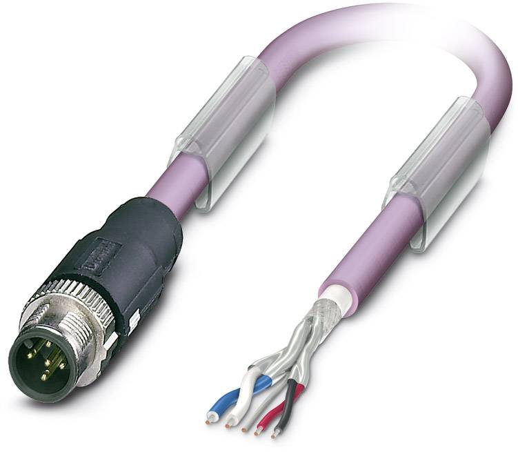A cable with its outer sheathing opened reveals four colour-coded wires (blue, white, red, black) and a plug at the other end.