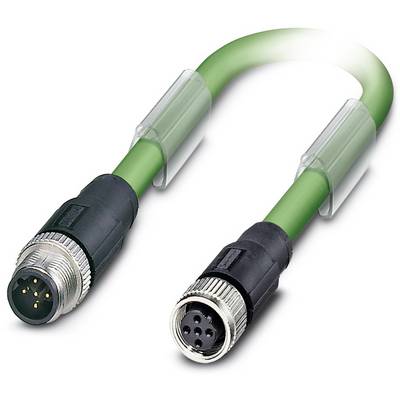 A green, industrial round connector cable with two plug connectors at the ends, used for connecting electronic devices.