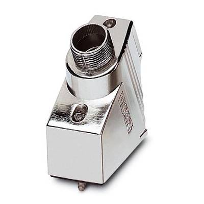 Silver metal connection fitting in a triangular shape with a ribbed, round thread at the top and screws on the side. Brand name visible on the side.