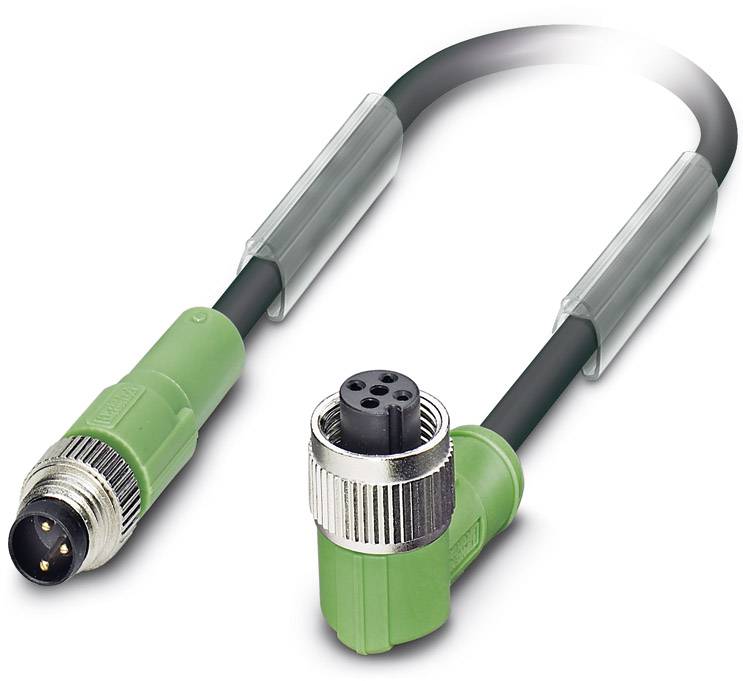 M12 connection cable with angled plug and socket, typically used in industrial applications for connecting devices.
