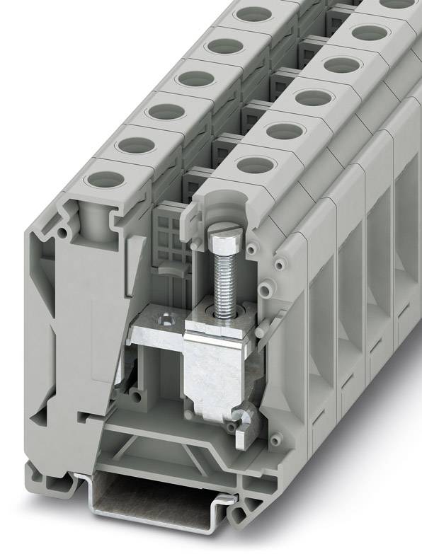 A grey, modular terminal block with multiple connection points, suitable for industrial electrical wiring systems.