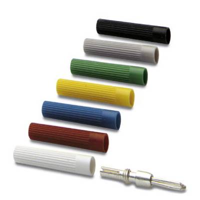 Seven differently coloured sheaths and a plug in various colours: Black, Green, Blue, Yellow, Red, White and Grey.
