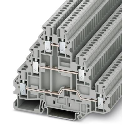 Multi-storey terminal block with three layers, grey housing and metal connecting elements, for electrical wiring.