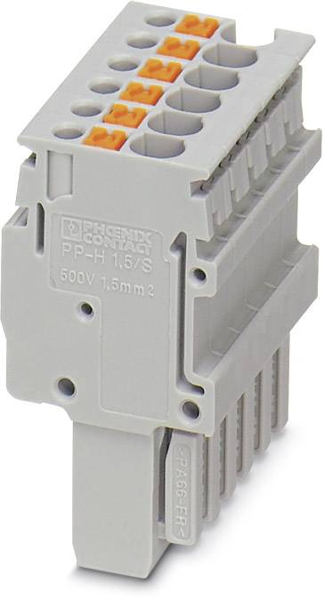 Grey electrical plug-in terminal block with orange push-buttons, suitable for 500V and 1.5mm² cross-section. Brand logo visible.
