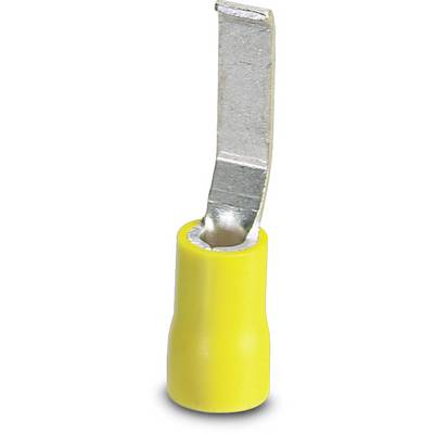 Yellow flat spade cable lug with an insulated sleeve and a metal connection. Used in electrical engineering for cable connection.