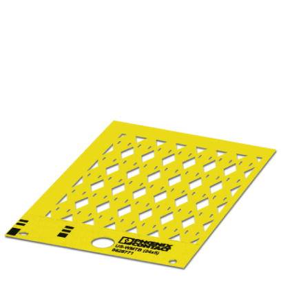 Yellow plastic plate with diamond-shaped cut-outs and black markings along the edges, used for signalling or marking.