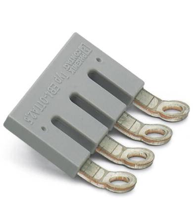 A grey plug with four metallic cable connections, marked with 'Phoenix Contact'. Suitable for electrical connections.