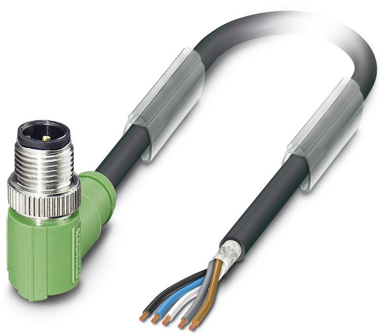 A green, angled cable with a metal connector at one end and exposed wires in various colours at the other end.