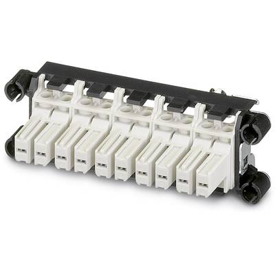 A white electrical connector with eight terminals and black mounting, used for wiring in electrical installations.