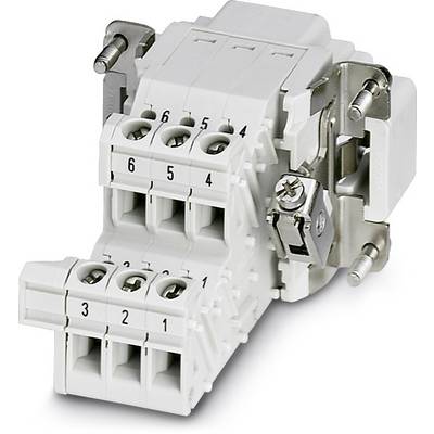 White, six-pole terminal block with screw connections, numbered from 1 to 6, suitable for electrical wiring.