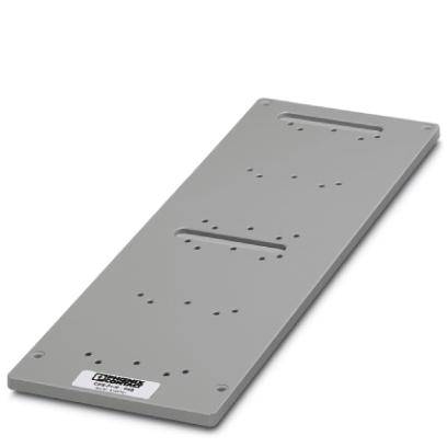 Grey mounting plate with multiple drill holes for flexible mounting of electrical components.