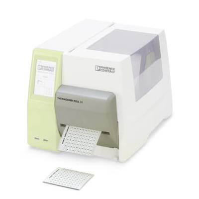 A printer is printing labels on a perforated sheet.