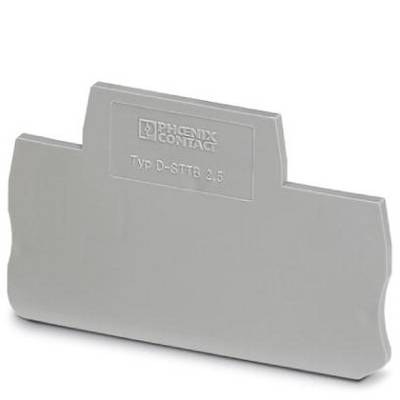 Grey end cover element with the inscription 'Phoenix Contact Type D-STTB 2.5', for insulation and stabilisation of terminal blocks.