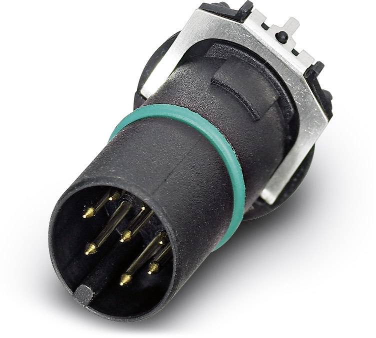 A black six-pole electrical plug with a green ring and metal contacts, suitable for industrial applications.