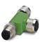 A T-shaped green electrical plug adapter with three connections, two male and one female.