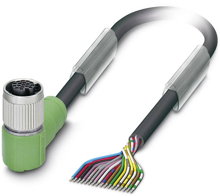 A green and black cable with an angled plug and several exposed coloured wires protruding.