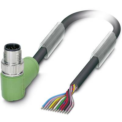 Green, angled cable with exposed colourful cores and plug. It is suitable for electronic connections.