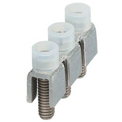 Three vertical metal threaded rods with plastic caps and metallic connectors, potentially part of an electronic connection unit.