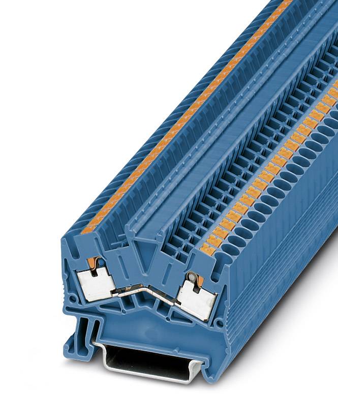 A blue terminal block with orange connection terminals, suitable for use in electrical control cabinets.