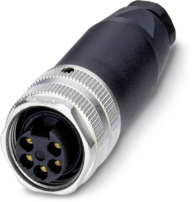 A black electric plug with five metal contacts and a silver thread, suitable for industrial applications.