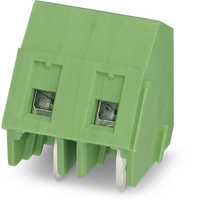 Green two-pole printed circuit board terminal block with metal contacts, used for electrical connection on printed circuit boards.