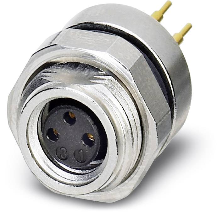 Round metal plug with four sockets and two golden contact pins, suitable for technical or electrical connections.