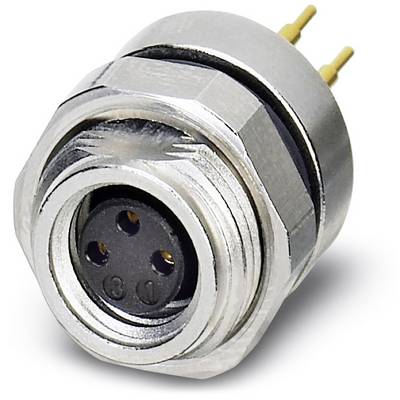 Round metal plug with four sockets and two golden contact pins, suitable for technical or electrical connections.