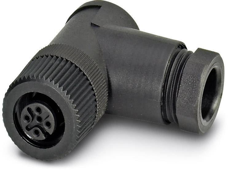 Black angular connection piece with circular grooves; cylindrical shape, plastic connecting component for technical application.