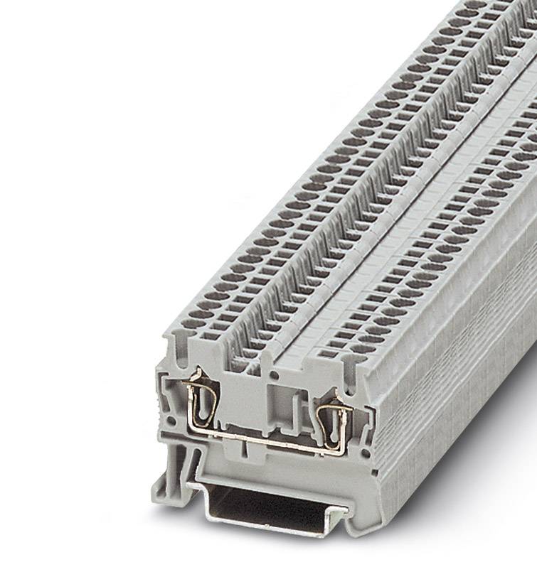 A grey, modular terminal block with multiple connections, used in electrical control panels for wiring.