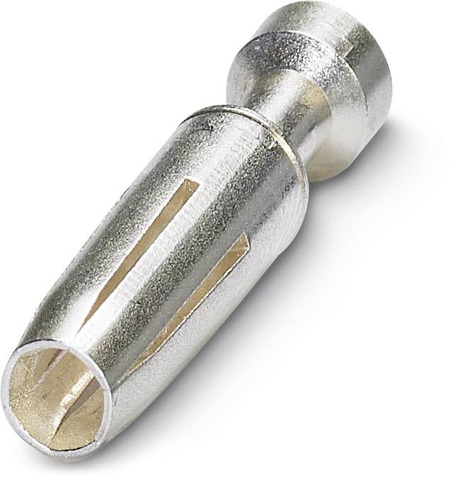 A silver plug connector with a cylindrical shape and a slot on the side, used for securing electrical cables.