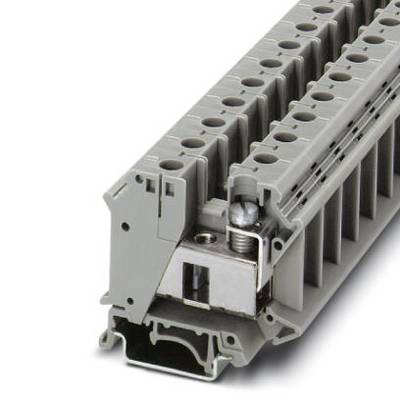 Grey terminal block with multiple connection points, mounted on an elongated holder; used in electrical control cabinets.