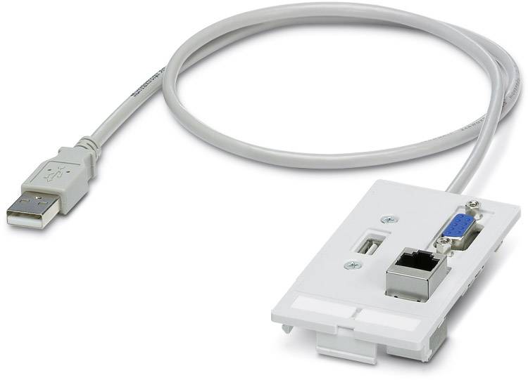 A cable with a USB plug connected to a white interface plate offering various interfaces, including USB and VGA.