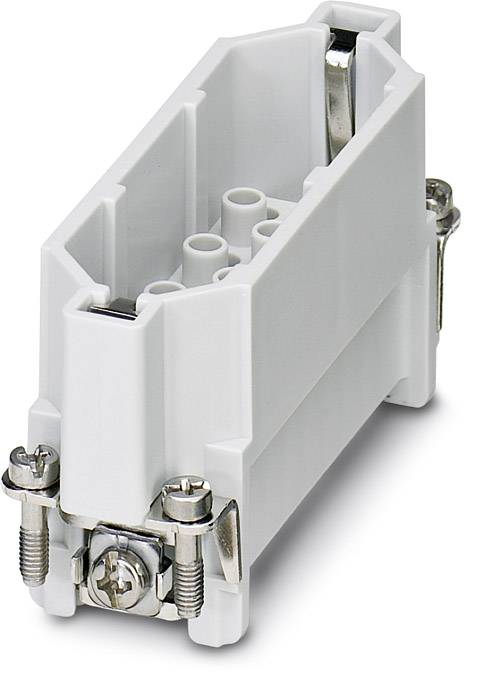 A rectangular, white connector block with multiple slots, secured by screws on the sides.
