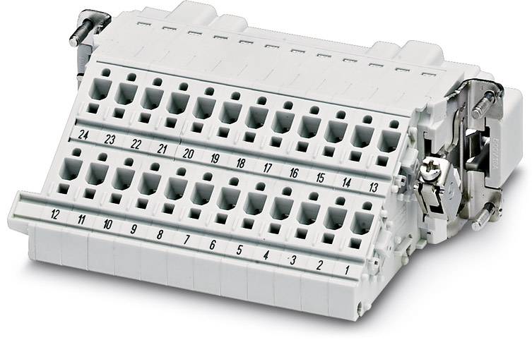A white electrical connector block with numbered terminal connections from 1 to 24, designed for the secure connection of cables.