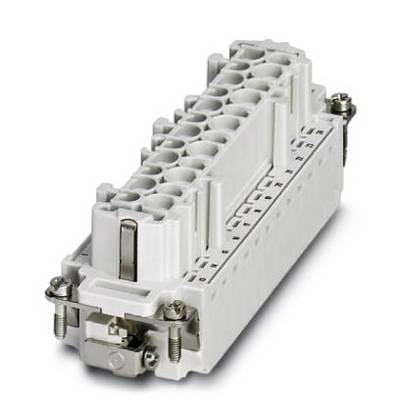 A white electrical plug connector, rectangular, with multiple connection points and side screws for mounting.