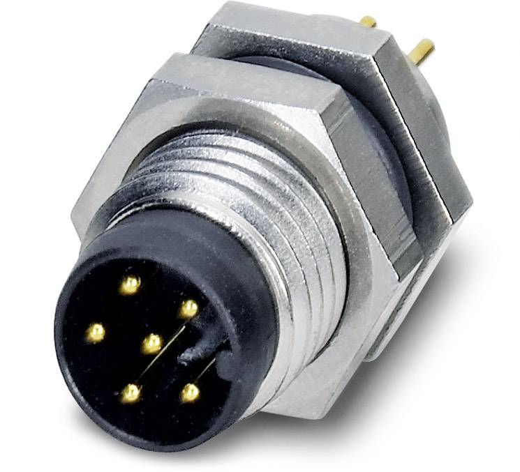 Connector with a round metal housing and eight golden pins, suitable for technical applications in electronics.