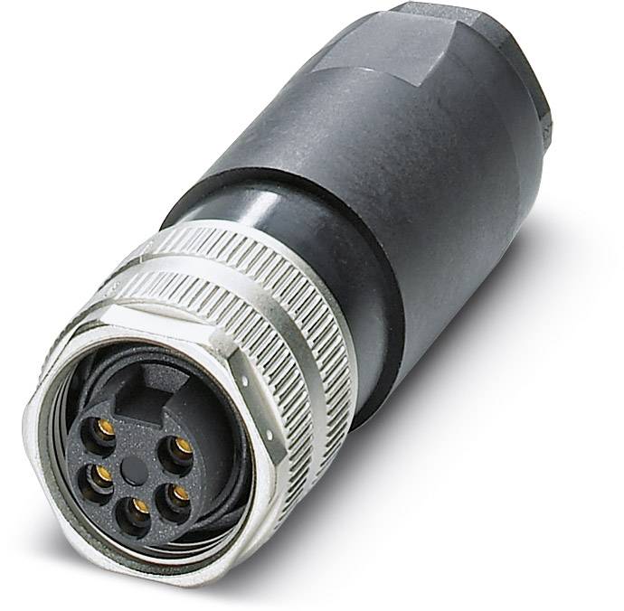 A black circular panel-mount connector with a silver metal ring and five pins for industrial electronic connections.