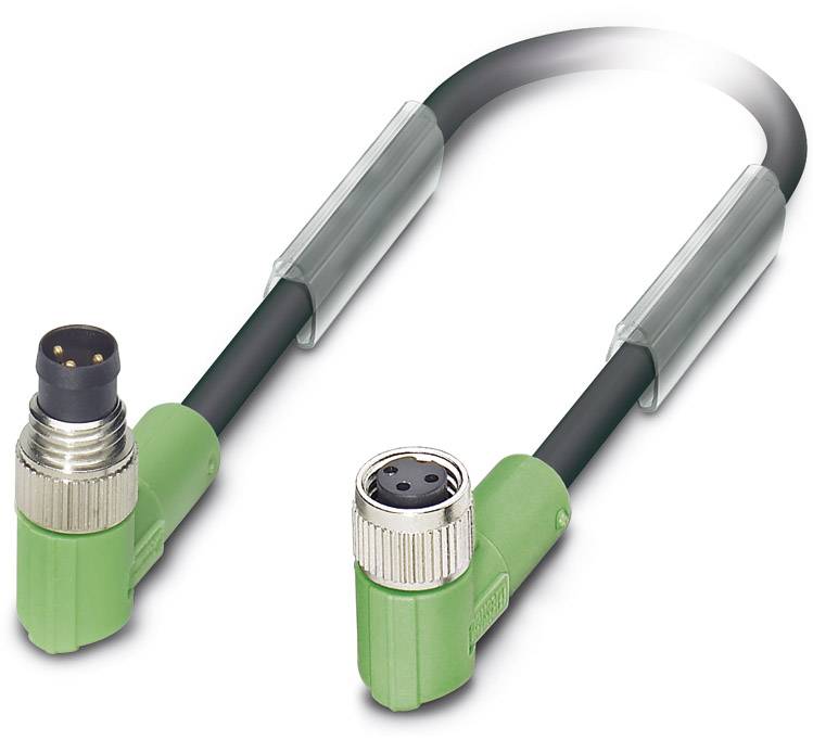 Green, angled connection cable with plugged connectors at both ends, suitable for industrial applications.