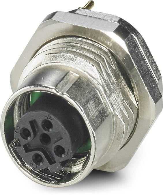 A metallic M12 circular connector with five pins, black plastic interior and screw thread, suitable for industrial applications.