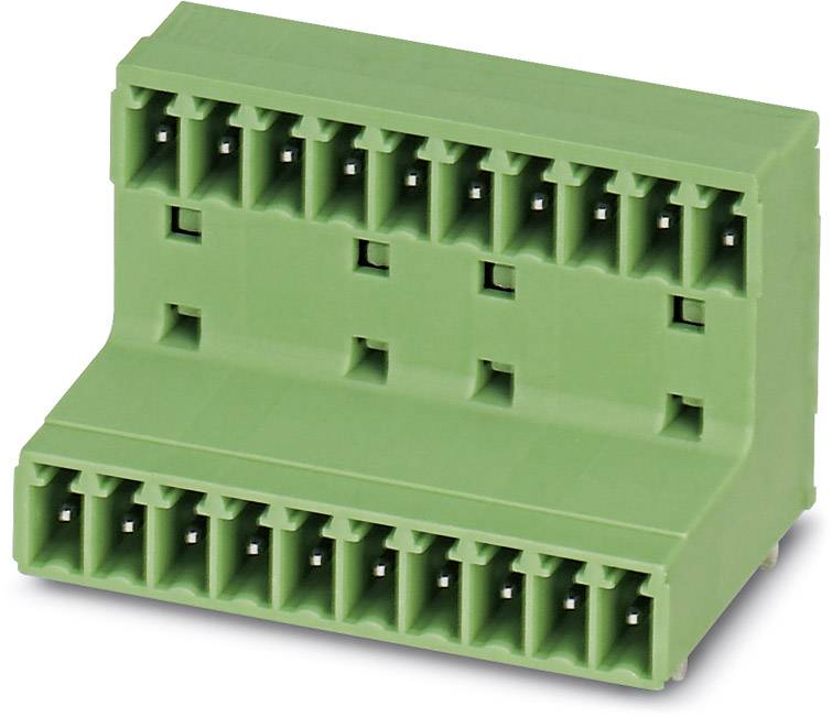 A green connector housing with two rows of terminal blocks, suitable for electronic devices or circuit connections.