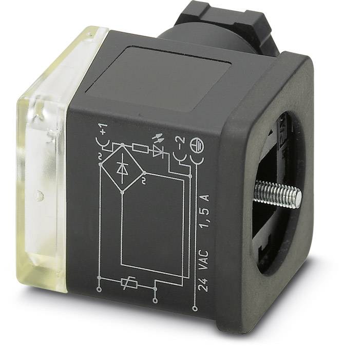 Black electric relay with circuit diagram printed; side view with visible connections; label: '24 VAC, 1.5 A'.