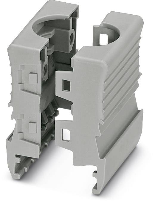 Grey plastic component, likely an electronic enclosure or connecting element with cavities and mounting points.