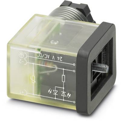 'Relay with circuit diagram on the surface, displaying electrical circuits for 24V AC/DC. Transparent housing with screw mounting.'