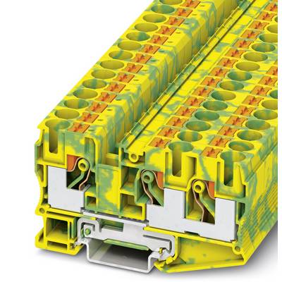 A modular terminal block system in yellow-green colour with multiple connection points and metal terminal clips for electrical engineering applications.