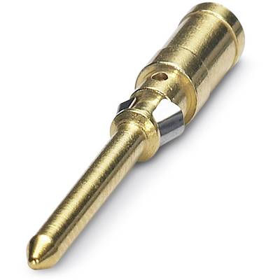 A golden electrical plug contact with a round shaft and a conical end, suitable for electronic applications.