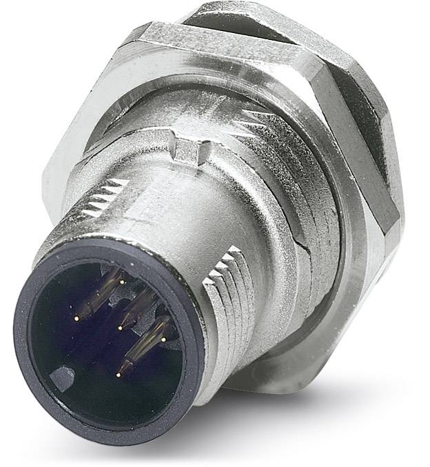 A round metal plug with multiple gold contacts and threading, used for electrical connection in technical applications.