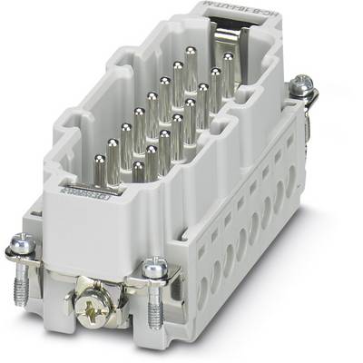 Grey industrial multi-pin connector, surrounded by a rectangular plastic housing; screws at the corners.