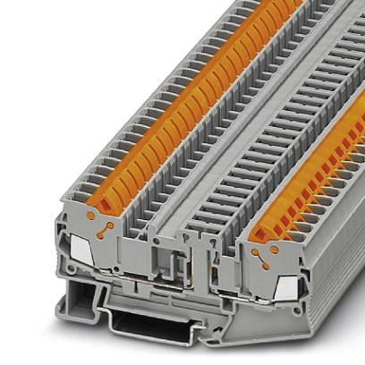Electrical terminal block in grey and orange, showing multiple cable connection options and a robust structure for industrial applications.